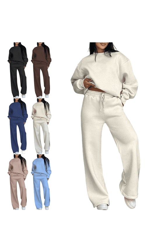 Sweatsuits Women 2 Piece Outfit Comfy Lounge Sets Oversized Long Sleeve Sweatshirt Crewneck Drop Shoulder Pullover Tops Gym Y2K Drawstring Elastic Waist Wide Leg Sweatpants with Pockets