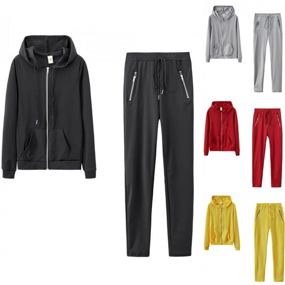 Xdegoge Sweatsuits Women 2 Piece Outfit Zip up Sweatshirt Long Sleeve Hooded Jacket Drawstring Comfy Hoodie Fall Trendy Matching Clothes High Waisted Sweatpants Wide Leg Pants with Zipper Pockets