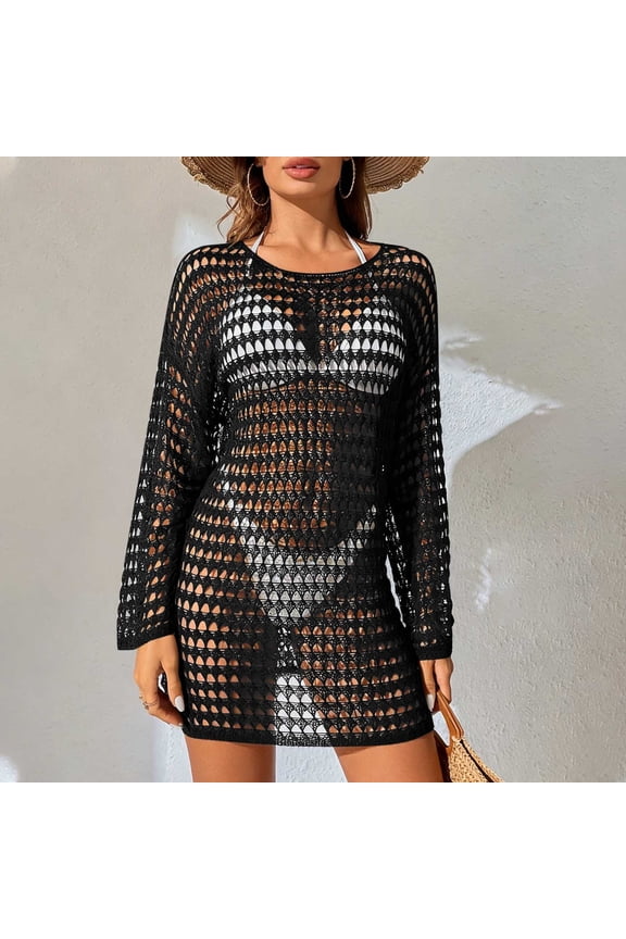 Swim Cover Up Long Sleeve Crochet Dress Round Neck Mixed Open Knit Mesh Bikini Coverups Loose Mini Swimwear Kaftan