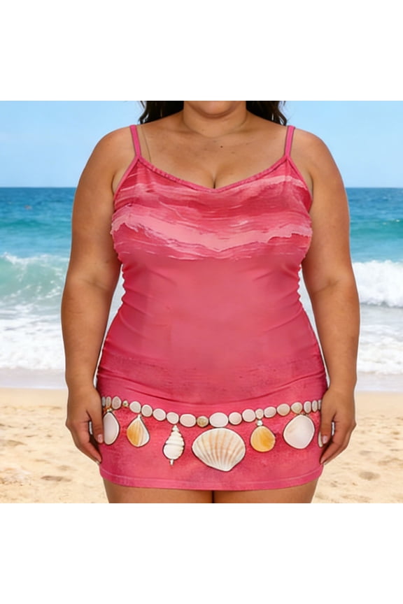 Swim Dress for Women form Fitting Sleeveless Spaghetti Straps Seashell Print Mini Dress Summer Beach Swimwear Bathing Suit Cover Up Outfit