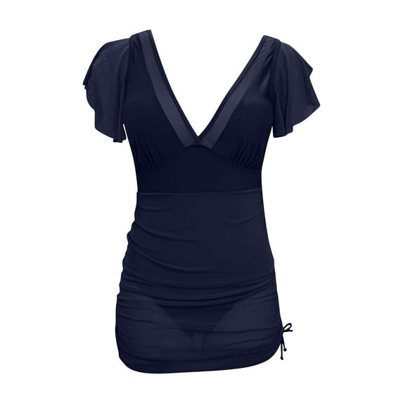 Xdegoge Swim Dresses for Women Tummy Control One Piece V Neck Flutter Short Sleeve Ruched Drawstring Skirted Bathing Suits Beach Summer Vacation Pool