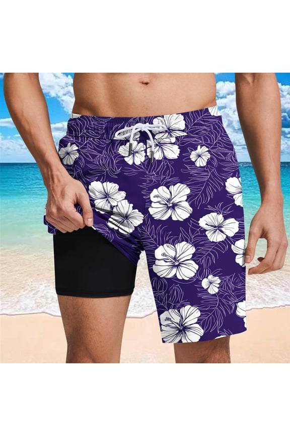 Swim Shorts Men Fashion Hawaiian Prints Short Pants Breathable Casual Loose Trunks With Compression Liner Summer Swimwear Bathing Bermuda