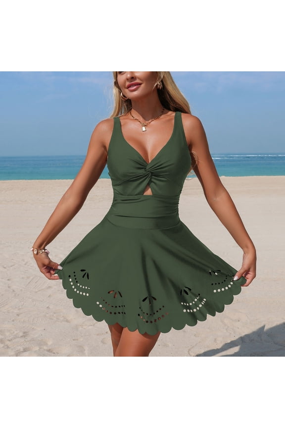 Swimdress for Women One Piece V-Neck Twist Front Bathing Suits Cut-out Details Laser Cut Scalloped Hem Tummy Control Summer Beach Club outfits