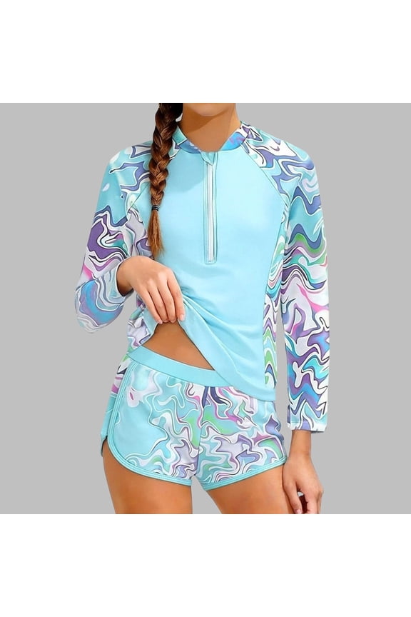 Swimsuits for Teen Girls Half Zip High Neck Boyshorts Two Piece Rash Guards Stretchy Abstract Print Modest Sun Protection Surfing Water Sports