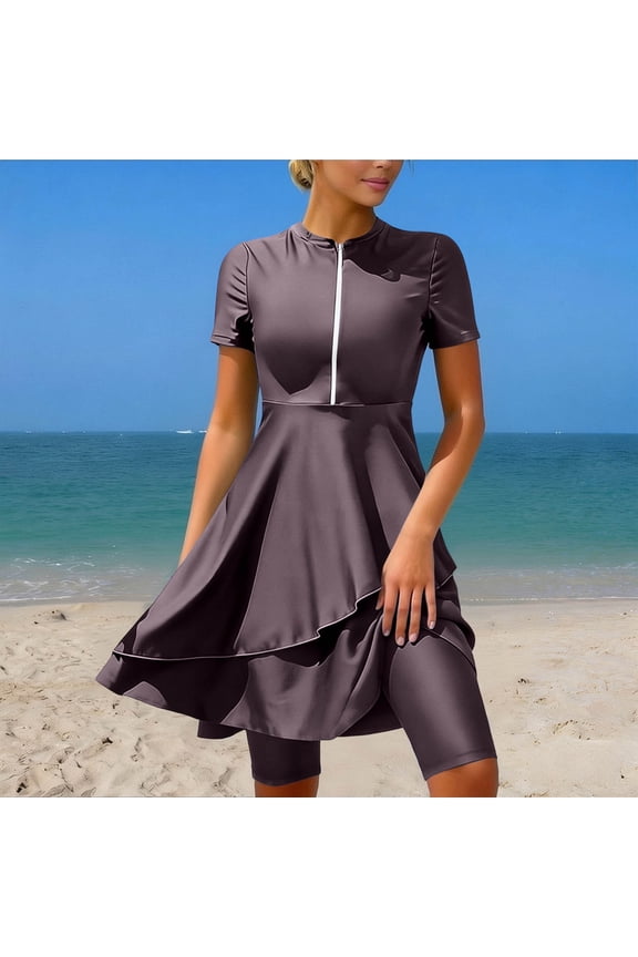 Swimsuits for Women High Neck Half Zip Swimdress Bathing Suits Smooth Solid Asymmetric Skirted Boyshorts Modest Full Coverage Water Sports Surfing