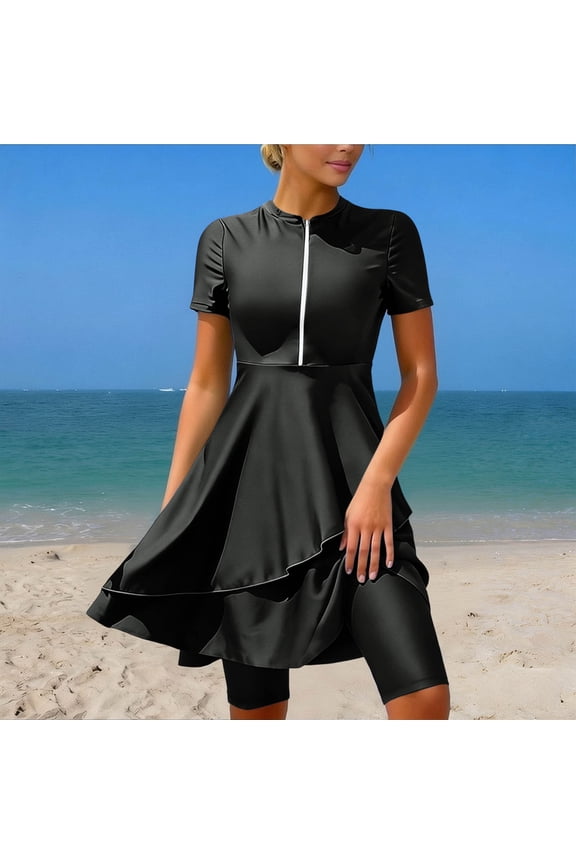 Swimsuits for Women High Neck Half Zip Swimdress Bathing Suits Smooth Solid Asymmetric Skirted Boyshorts Modest Full Coverage Water Sports Surfing