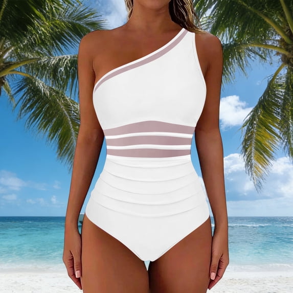 Xdegoge Swimsuits for Women One Shoulder Asymmetrical Neck One Piece Bathing Suits Smooth Mesh Panel Ruched Flattering Slimming Tummy Control Pool Party