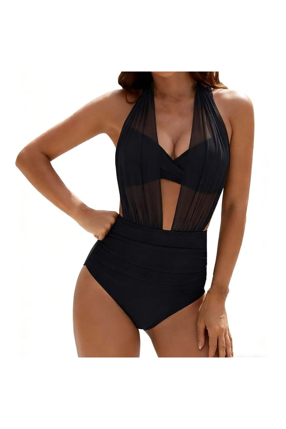 Swimsuits for Women Plunge Halter Neck Top Ruched Waist Bottom One Piece Monokini Smooth Mesh Fabric Solid Front Cut out Tummy Control Flattering Pool