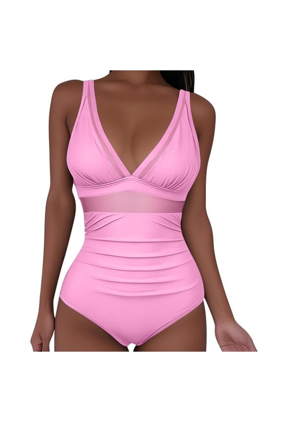 Swimsuits for Women Plunge V Neck Top Ruched High Cut Bottom One Piece Bathing Suits Smooth Fabric Solid Pattern Mesh Panel Detail Tummy Control Pool