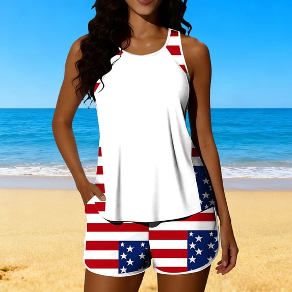 Xdegoge Swimsuits for Women Scoop Neck Tank Mid Rise Boyshorts Two Piece Tankini Bathing Suits Smooth American Flag Print Color Block Modest Coverage Beachwear