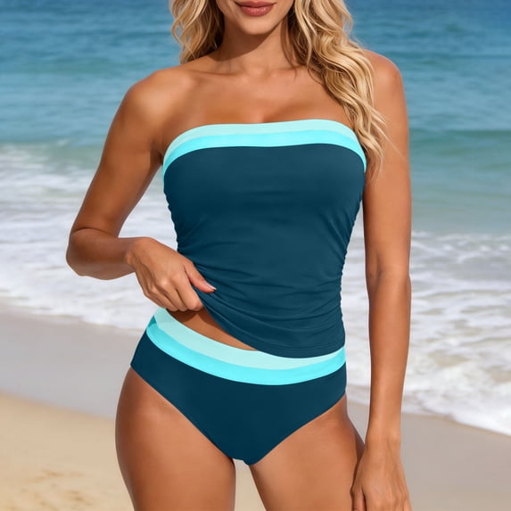 Xdegoge Swimsuits for Women Strapless Bandeau Top Regular Bottom Two Piece Tankini Sets Smooth Color Block Striped Trim Modest Tummy Control Beachwear