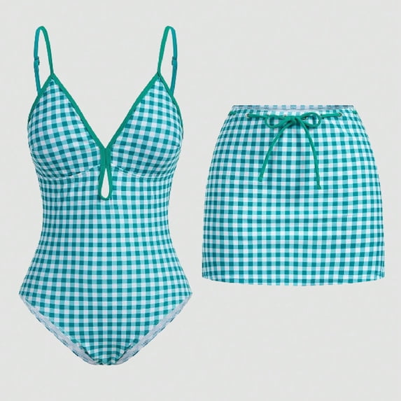 Xdegoge Swimsuits for Women V Neck with Cover Up Skirt Two Piece Bathing Suits Gingham Plaid Print Front Keyhole Tummy Control Modest Swimwear Vacation