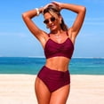 thumbnail image 1 of Xdegoge Swimsuits for Women V Neck High Waisted Ruched Bikini Sets Stretchy Knot Front Solid Tummy Control Slimming Two Piece Bathing Suits Summer Beachwear, 1 of 6