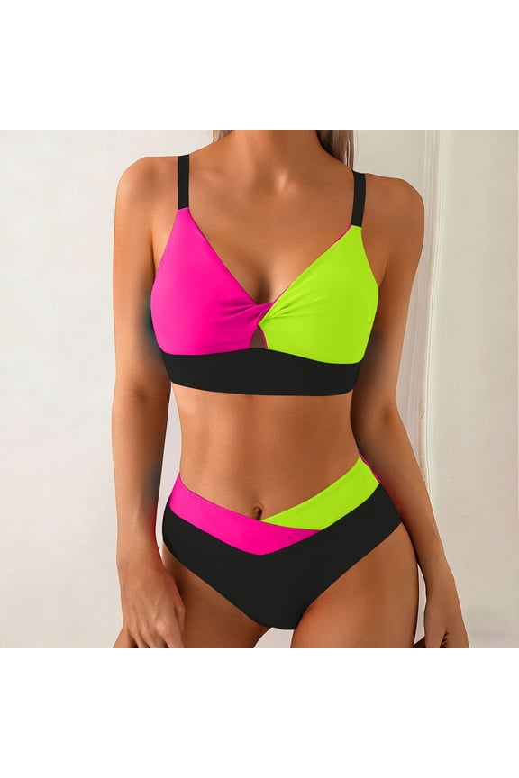 Swimsuits for Women V Neck Twist Front High Waisted Bikini Sets Two Piece Bathing Suits Color Block Patchwork Tummy Control Flattering Charming Beachwear