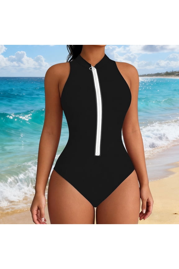 Swimsuits for Women High Neck Front Zipper One Piece Monokini Solid Pattern Tummy Control Slimming Flattering Athletic Bathing Suits Surfing