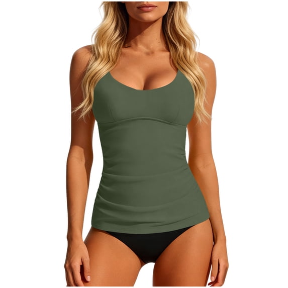 Xdegoge Swimsuits for Women Scoop Neck Mid Rise Tankini Sets Smooth Solid Push Up Flattering Two Piece Bathing Suits Modest Swimwear Spa Vacation