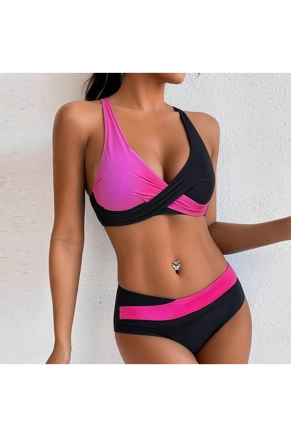 Swimsuits for Women V Neck Mid Rise Bikini Sets Two Piece Bathing Suits Smooth Color Block Cross Front Flattering Beachwear