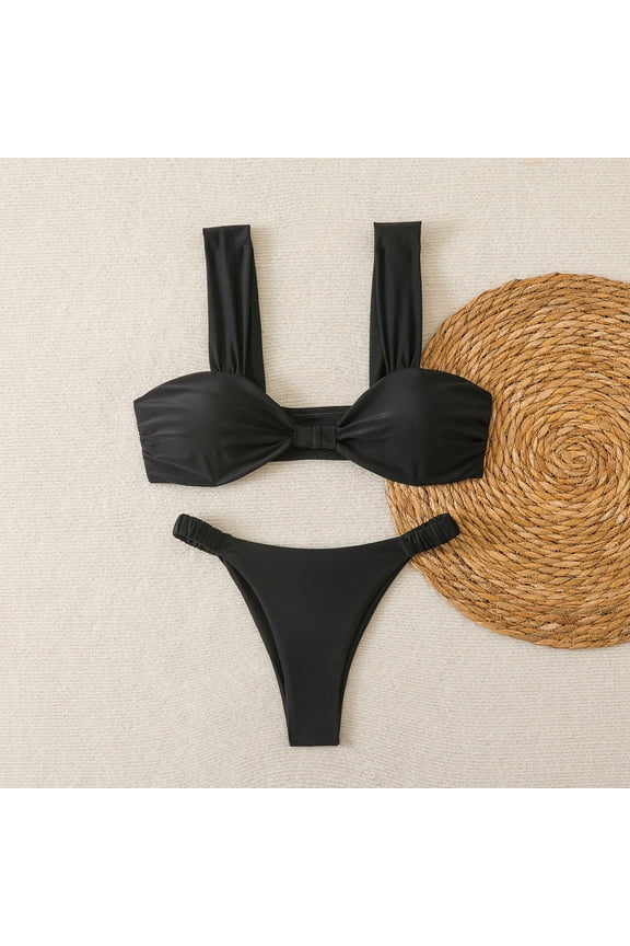 Swimsuits for Women Wide Strap Bandeau Knot Front Ruched Mid Rise Two Piece Bikini Stretchy Bow Solid Cheeky Flattering Pool Party Swimwear