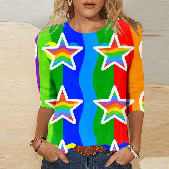 Xdegoge T-Shirt for Women Crewneck 3/4 Sleeve Casual Pastel Gradient Rainbow Striped Pattern Loose Fit Soft Flowy Breathable Modern Aesthetic Daily Spring Fashion Tops