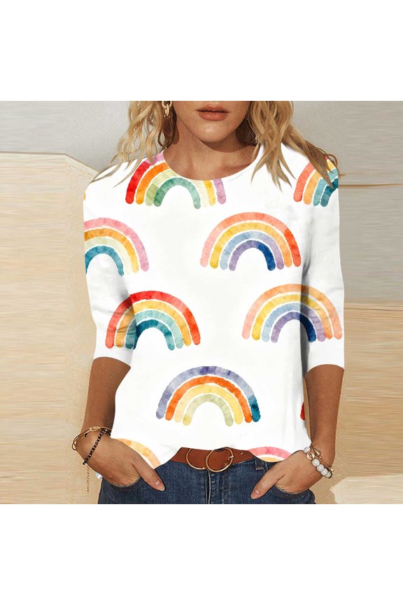 T-Shirt for Women Crewneck 3/4 Sleeve Casual Vibrant Horizontal Rainbow Striped Print Loose Fit Classic Multi Color Block Soft Stretchy Stylish Everyday Tops