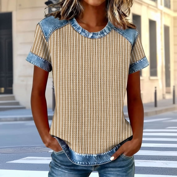 Xdegoge T Shirt for Women Crewneck Short Sleeve Casual Going Out Loose Fit Vertical Striped Patchwork Print Lightweight Breathable Summer Spring Tops Denim Look Splice Tees