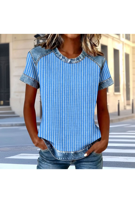 T Shirt for Women Crewneck Short Sleeve Casual Going Out Loose Fit Vertical Striped Patchwork Print Lightweight Breathable Summer Spring Tops Denim Look Splice Tees