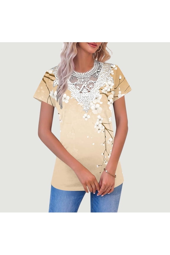 T-Shirt for Women Round Neck Short Sleeve Casual Loose Fit Plum Blossom Graphic Lace Applique Elegant Vintage Style Breathable Summer Pullover Tops