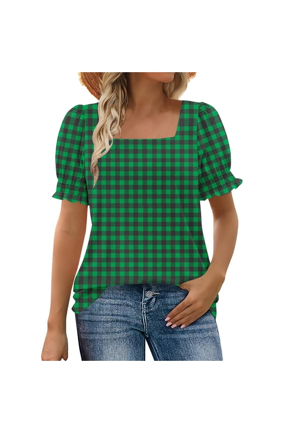 T-Shirt for Women Square Neck Puff Sleeve Casual Gingham Checkered Pattern Smocked Ruffle Cuff Slim Fit Vintage Aesthetic Stretchy Soft Fabric Stylish Summer Tops
