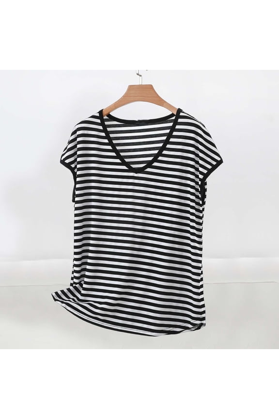 T-Shirt for Women V Neck Cap Sleeve Casual Loose Fit Striped Print Classic Nautical Style Breathable Cotton Blend Soft Everyday Wear Summer Knit Tops