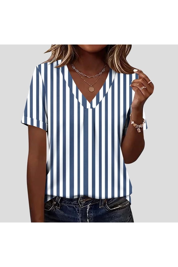 T Shirt for Women V Neck Short Sleeve Casual Vertical Striped Print Contrast Trim Loose Fit Lightweight Breathable Soft Daily Wear Fashion Summer Tops