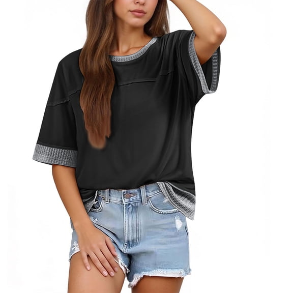 Xdegoge T-Shirt for Women Crewneck Short Sleeve Casual Sporty Loose Fit Contrast Color Waffle Knit Patchwork Soft Breathable Everyday Base Top