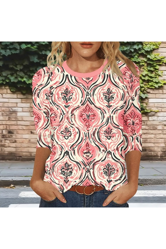 T Shirts for Women Crewneck Three Quarter Sleeve Boho Casual Loose Fit Floral Geometric Patchwork Print Soft Breathable Spring Tops Everyday Basic Fashion Tees