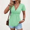 thumbnail image 1 of Xdegoge T Shirts for Women Deep V Neck Short Sleeve Casual Dressy Going Out Vibe Slim Fit Solid Front Twist Knot Empire Waist Peplum Hem Stretchy Summer Tops, 1 of 7