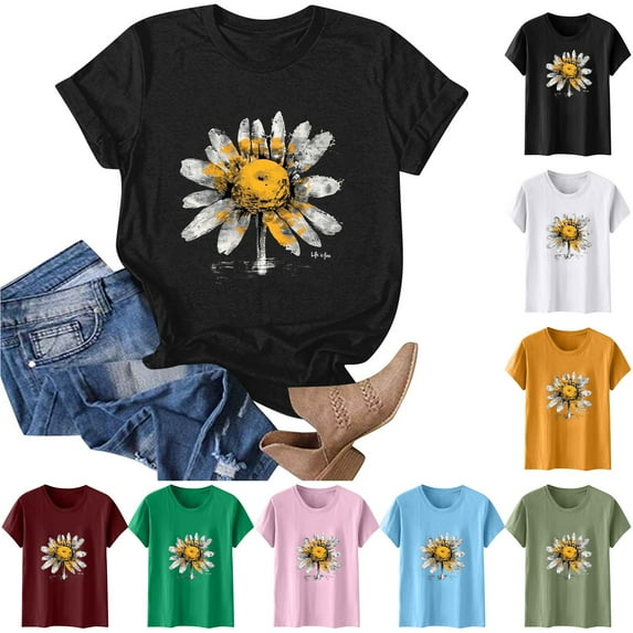 Xdegoge T Shirts for Women Graphic Under 10 Short Sleeve Crewneck Shirts Floral Summer Casual Tops Tunic Loose Fit Tees Soft Comfy Blouses Items
