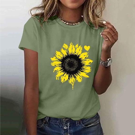 Xdegoge Summer Shirts for Women Sunflower Heart Graphic Tops Summer Short Sleeve Floral Tees Casual Round Neck Vacation Shirts Artistic Botanical Print Novelty Clothing Lightweight Basic Blouses