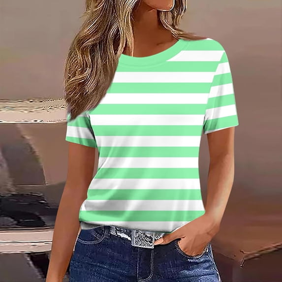 Xdegoge T Shirts for Women Short Sleeve Crewneck Casual Classic Everyday Look Loose Fit Wide Horizontal Striped Pattern Basic Soft Comfortable Breathable Summer Spring Tops