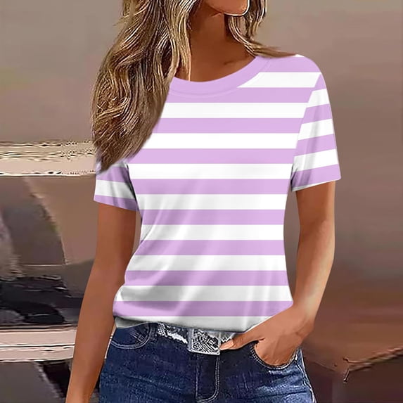 Xdegoge T Shirts for Women Short Sleeve Crewneck Casual Classic Everyday Look Loose Fit Wide Horizontal Striped Pattern Basic Soft Comfortable Breathable Summer Spring Tops