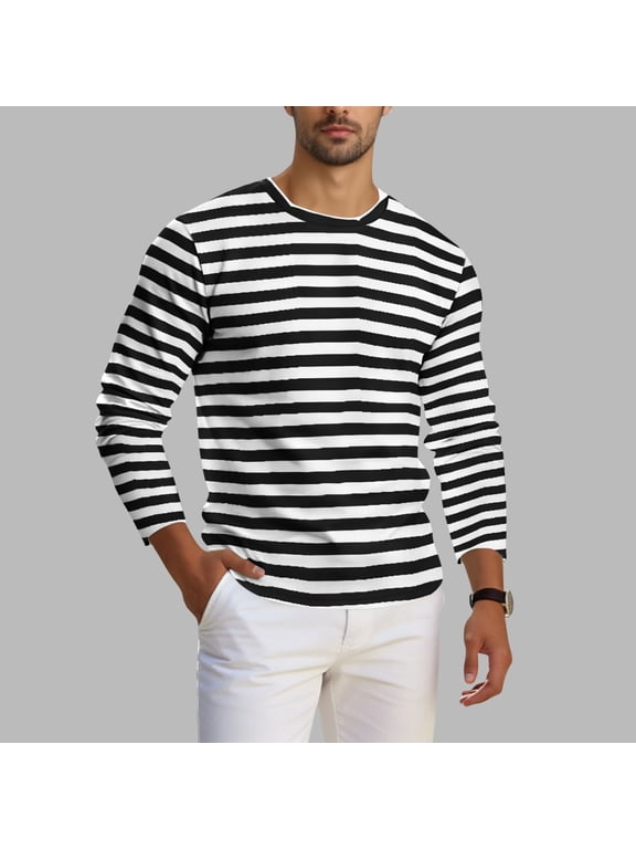 T Shirts for Man Plus Size Stripes Top Casual Crew Neck Long Sleeve Tops Loose Oversized Dailywear Summer Outdoor Sport Tee