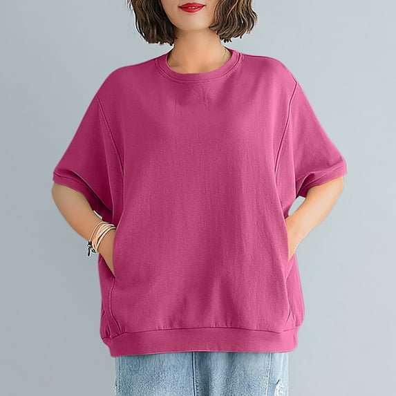 Xdegoge T Shirts for Women Crewneck Short Sleeve Casual Lounge Wear Oversized Loose Fit Solid with Pockets Soft Breathable Comfy Summer Spring Tops