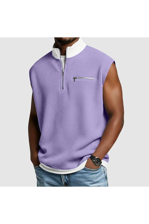 Tank Top for Men Stand Collar Sleeveless Athletic Gym Workout Bodybuilding Regular Fit Solid Basic Waffle Knit Texture Zip Up Detail Lightweight Breathable Summer Tops