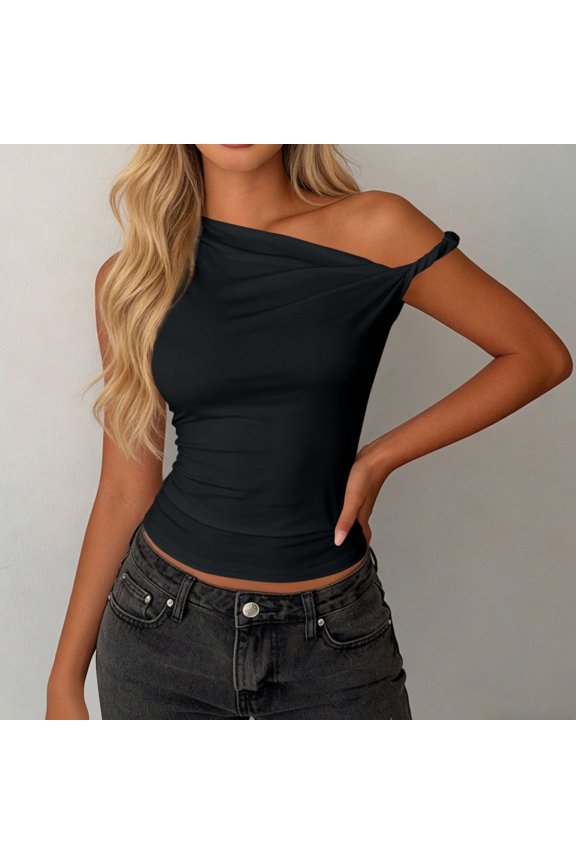 Tank Top for Women Asymmetrical Neckline Sleeveless Going Out Clubwear Slim Fit Solid Minimalist Ruched Twisted Strap Detail Soft Stretchy Summer Spring Tops