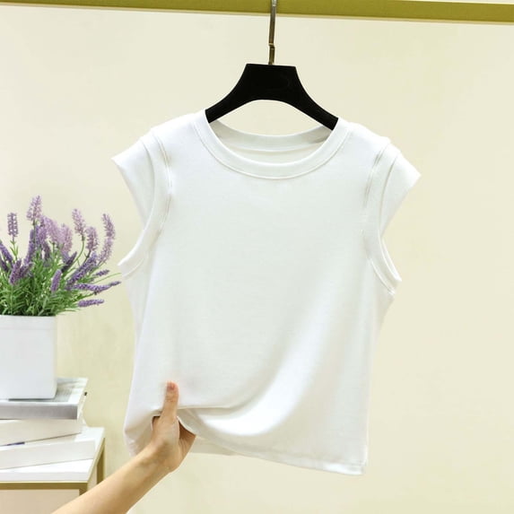 Xdegoge Tank Top for Women Crewneck Sleeveless Casual Ribbed Knit Muscle Tee Double Layered Shoulder Design Slim Fit Stretchy Soft Lightweight Summer Vest Tops