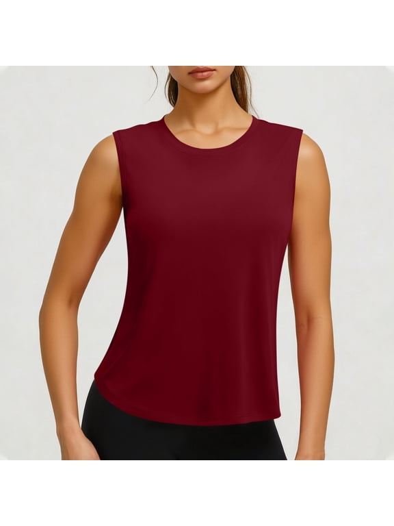 Tank Top for Women Crewneck Sleeveless Relaxed Fit Solid Color Athletic Performance Activewear Breathable Lightweight Curved Hem Summer Gym Workout Casual Shell Tops