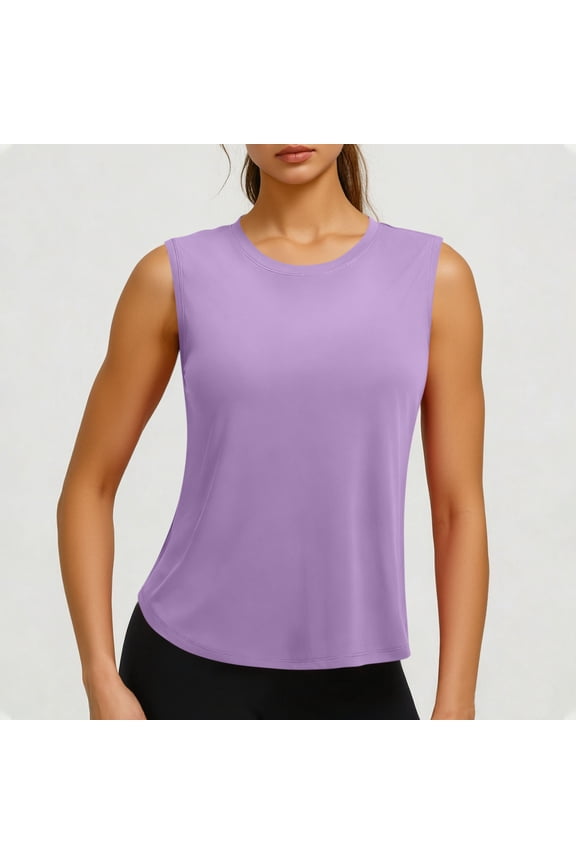 Tank Top for Women Crewneck Sleeveless Relaxed Fit Solid Color Athletic Performance Activewear Breathable Lightweight Curved Hem Summer Gym Workout Casual Shell Tops