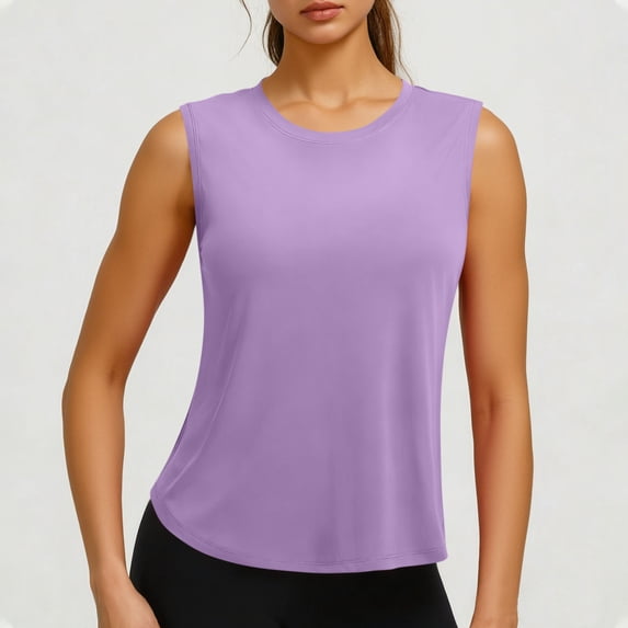 Xdegoge Tank Top for Women Crewneck Sleeveless Relaxed Fit Solid Color Athletic Performance Activewear Breathable Lightweight Curved Hem Summer Gym Workout Casual Shell Tops