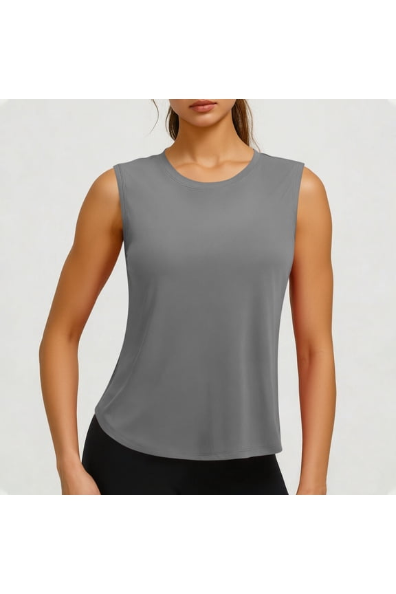 Tank Top for Women Crewneck Sleeveless Relaxed Fit Solid Color Athletic Performance Activewear Breathable Lightweight Curved Hem Summer Gym Workout Casual Shell Tops