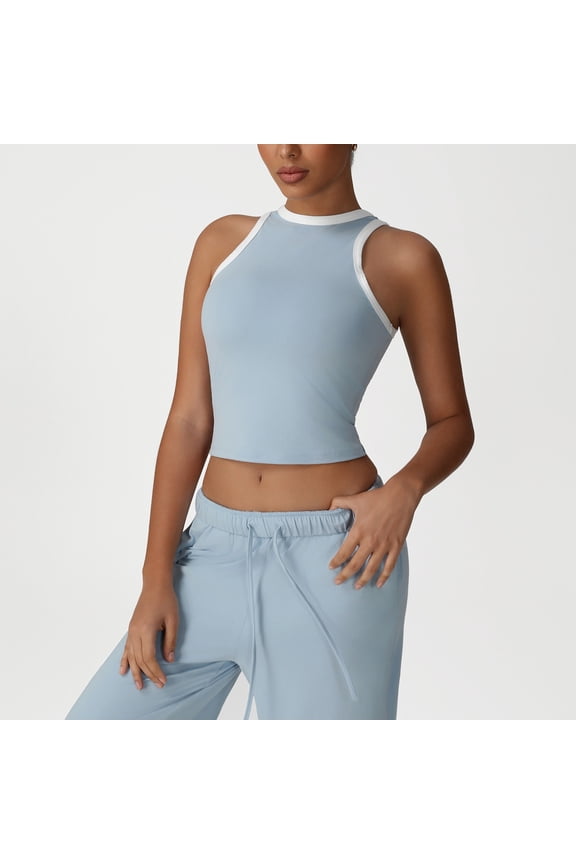 Tank Top for Women High Neck Sleeveless Athletic Sporty Workout Contrast Binding Detail Slim Fit Stretchy Lightweight Breathable Summer Active Tops