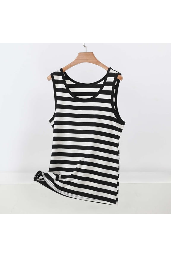 Tank Top for Women U Neck Sleeveless Casual Horizontal Striped Pattern Classic Comfort Fit Stretchy Soft Fabric Basic Layering Piece Summer Sleeveless Tops