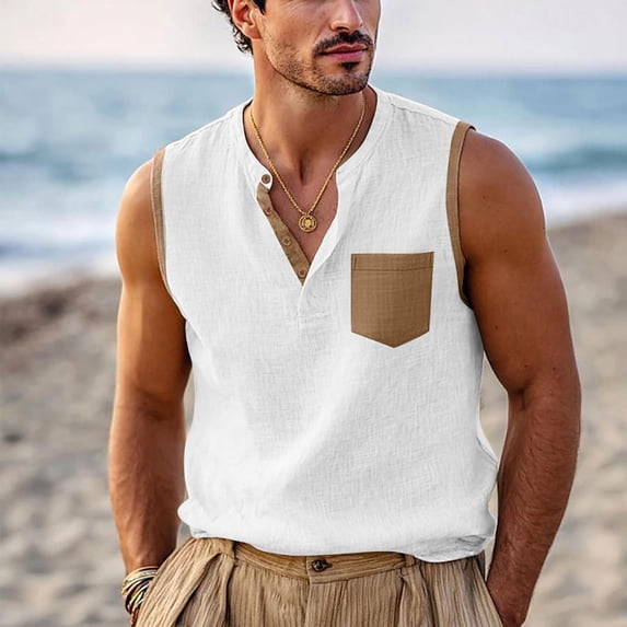 Xdegoge Tank Tops Men Sleeveless Button V Neck Top Linen Breathable Cooling Work Shirt Casual Color Block Lightweight Summer Shirts