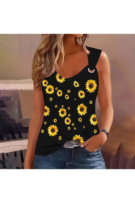 Tank Tops for Women Asymmetrical V Neck Sleeveless Dressy Workwear Loose Fit Hanging Floral Vine Leaf Print Soft Stretchy Fabric Spring Summer Going Out Tees